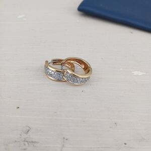 Faux Diamond Accent Hoop Huggie Earrings Gold Tone Small